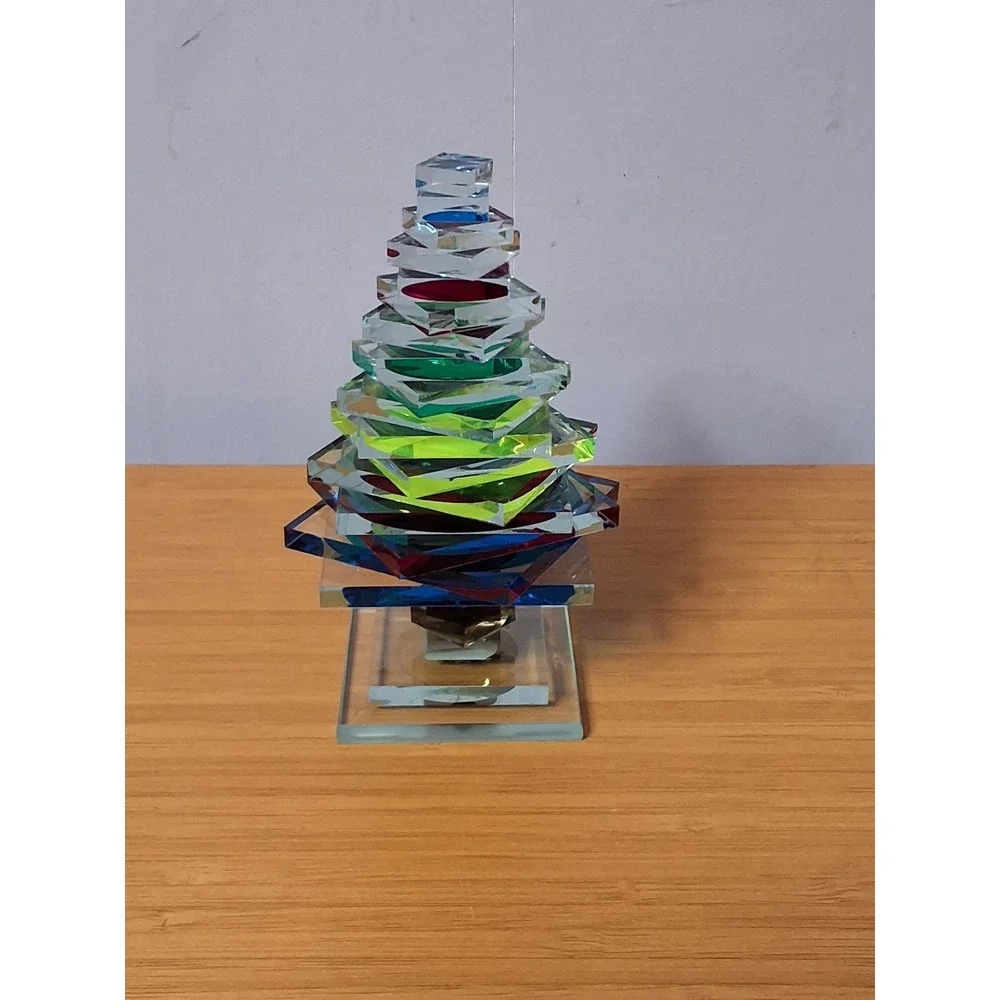M+J G Signed Dichroic Art Glass Christmas Tree Figurine Iridescent